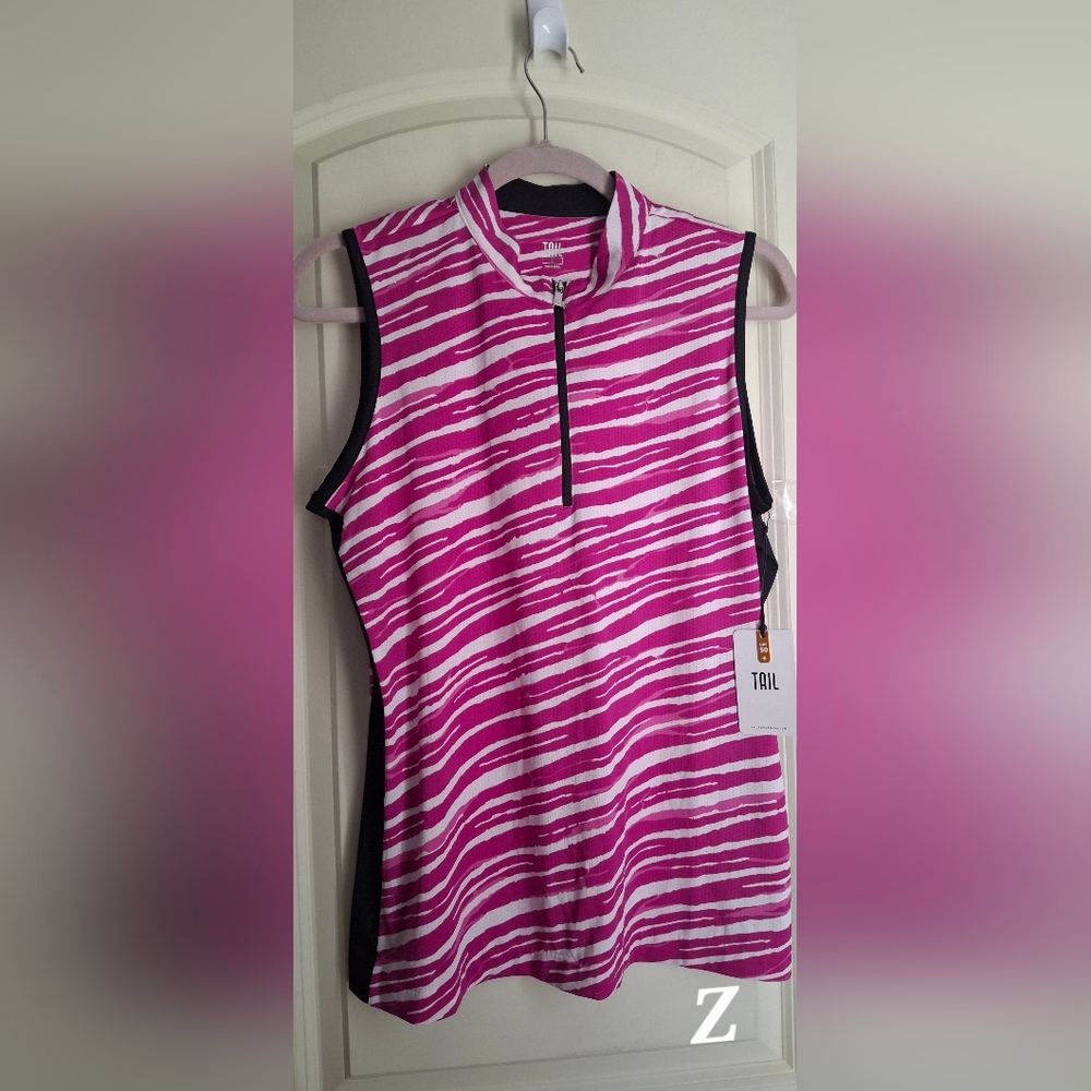 Tail Activewear Magenta & White Zebra Striped Sleeveless Golf Top Siize L Golf - Picture 2 of 10